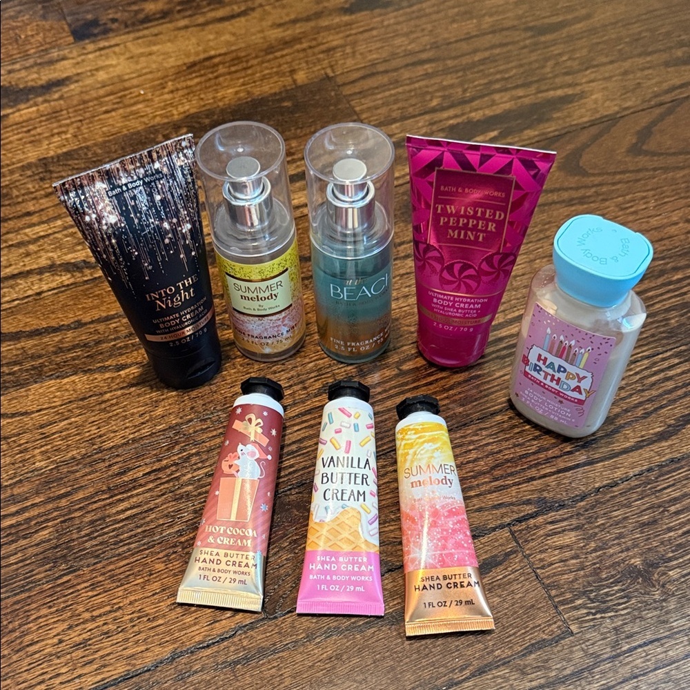 Bath & Body Works Mini Hand Creams & Mists Bundle - Pink, Teal, Gold, Blue